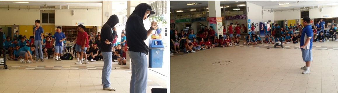 Two school event scenes show students performing or presenting in a large indoor hall while others watch seated around them.